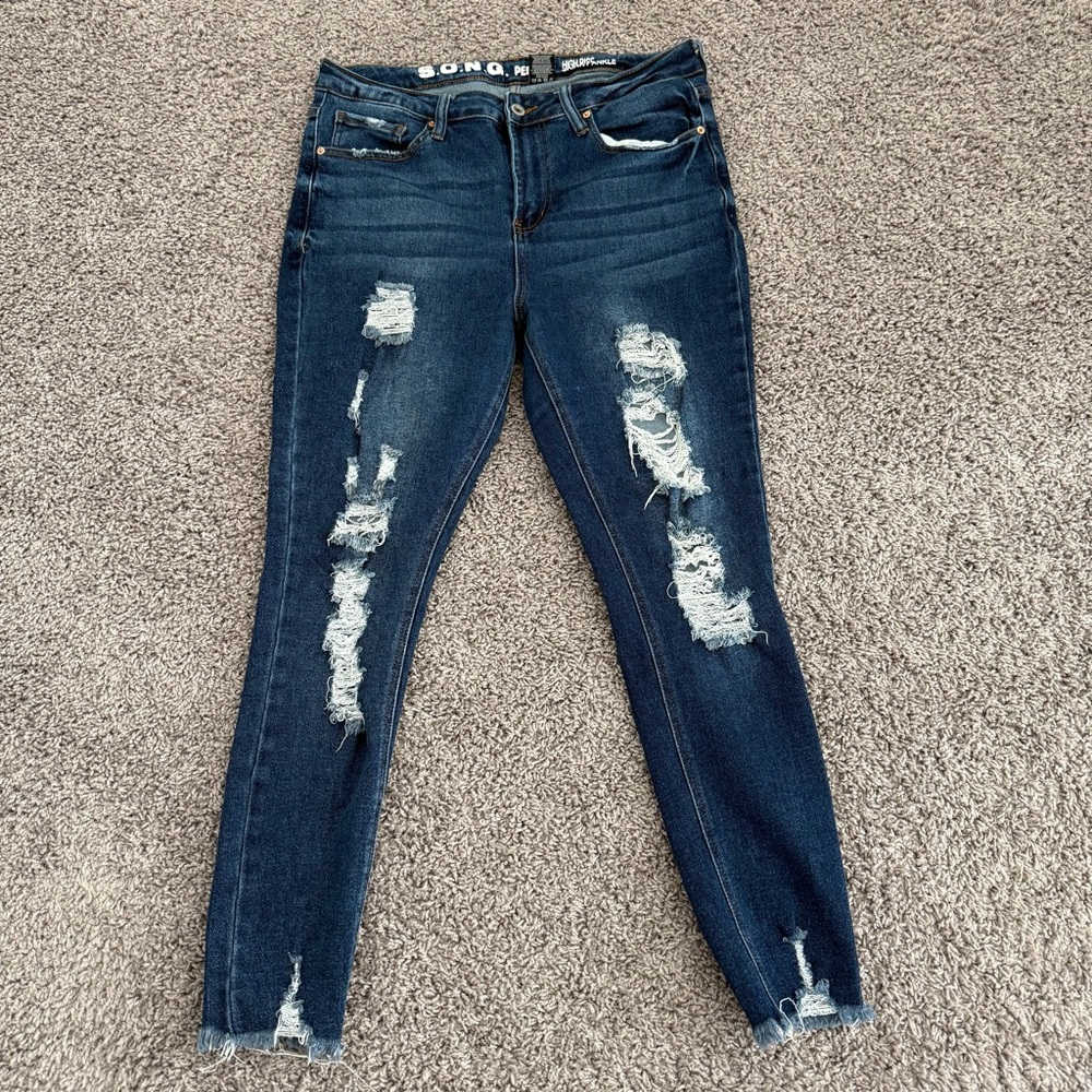 Women’s Distressed High Rise Skinny Ankle Blue Denim Jeans- size 15